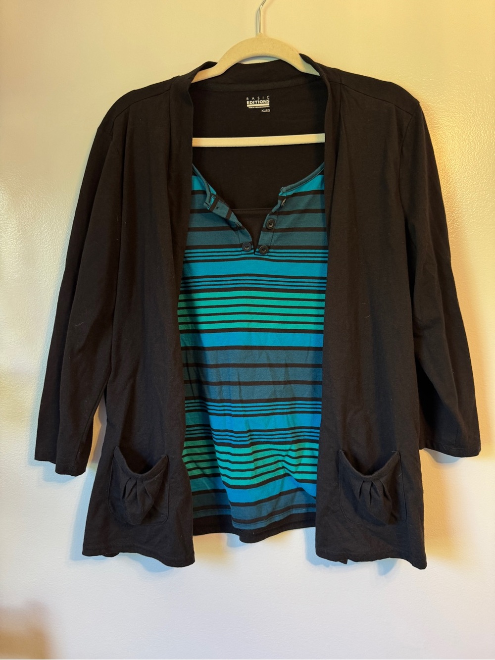 Basic Editions- Striped Crewneck tee with attached black front drapes